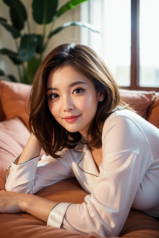 ((highest quality)), ((masterpiece)), (become familiar with), perfect face, masterpiece、highest quality、High resolution、wallpaper、realistic、bright lighting、professional lighting、face light、smooth lighting、japanese woman、20th Gen Midplate、super beautiful、beautiful skin、beautiful and detailed eyes、become familiar with顔、slim、moderately、short hair、brunette colored hair、brown eyes、look at the camera、The sofa in my room、 commercial photography, Beautiful Instagram Influencer Girls, best smile,daytime、Top quality, 1 beautiful woman, lying down on a bed,wearing satin pajamas, relaxed expression, night indoor lighting, soft focus, cinematic