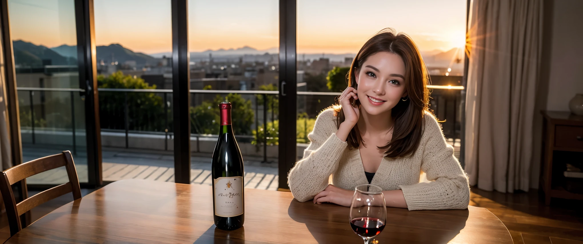 ((highest quality、8K、masterpiece:1.3))、Beautiful woman perfect body:1.4、slimなボディ、((Bob Hale、straight hair:1.2))、 ultra high resolution, bright image、2. The beauty of wine, beautiful face, blue eyes, fine eyes, light shines on your face, blush your nose, short hair,Spectacular view of the sunset sky and clouds、Amazing mountain views、ニコニコ明るいsmile、smileの素敵な女性、bright face、Fox face、lady、Champagne、Wine bottle、wine glass、red wine 、Appetizer、Italian food、Two beauties、brown hair、shortcut、long sleeve shirt、winter fashion、dress、Wine bottle、sparkling wine、Pretty Woman 1, (slimな顔), (brown hair), (shortcut), cheeks turn a little red, (42 years old), 39 years old, charming beauty、restaurant, nova frog style, actress, model, Upper body, White wine, slim, wine glass, 真ん中に置かれたwine glass, smile, (smile: 1.15), 綺麗なfine eyes, Strong light and shadow,moist body:1.5、delicate eyes、brown hair、The hair is very shiny、