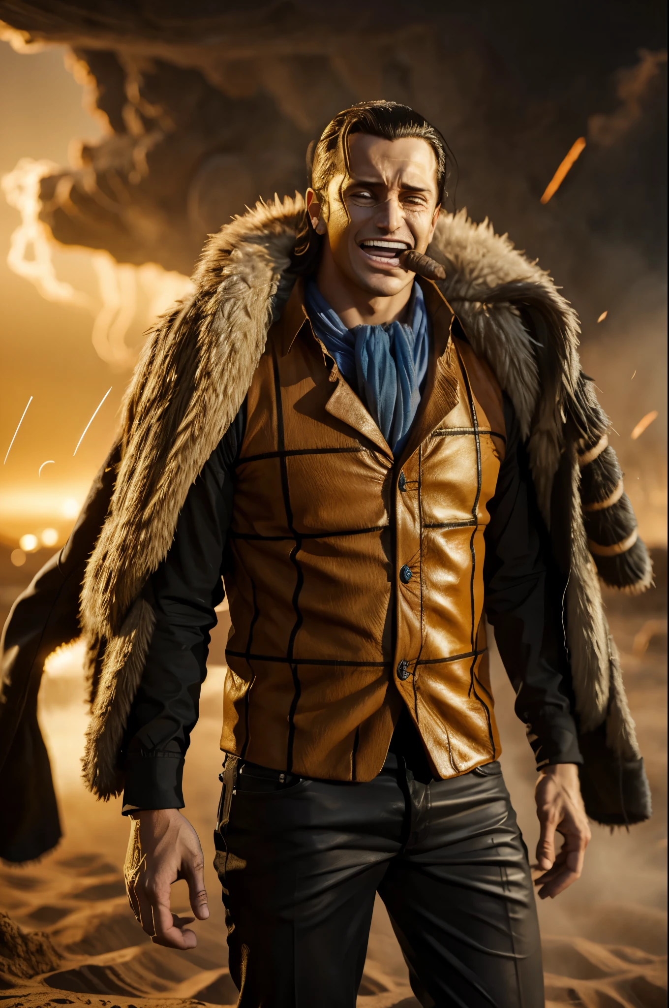 masterpiece, best quality, extremely detailed, hyperrealistic, photorealistic, a cool 40s man, ultra detailed face:1.2, fur-trimmed coat, scarf around the neck, his left hand is a golden pirate hook:1.1, cigar, laughing, sandstorm, tornado
