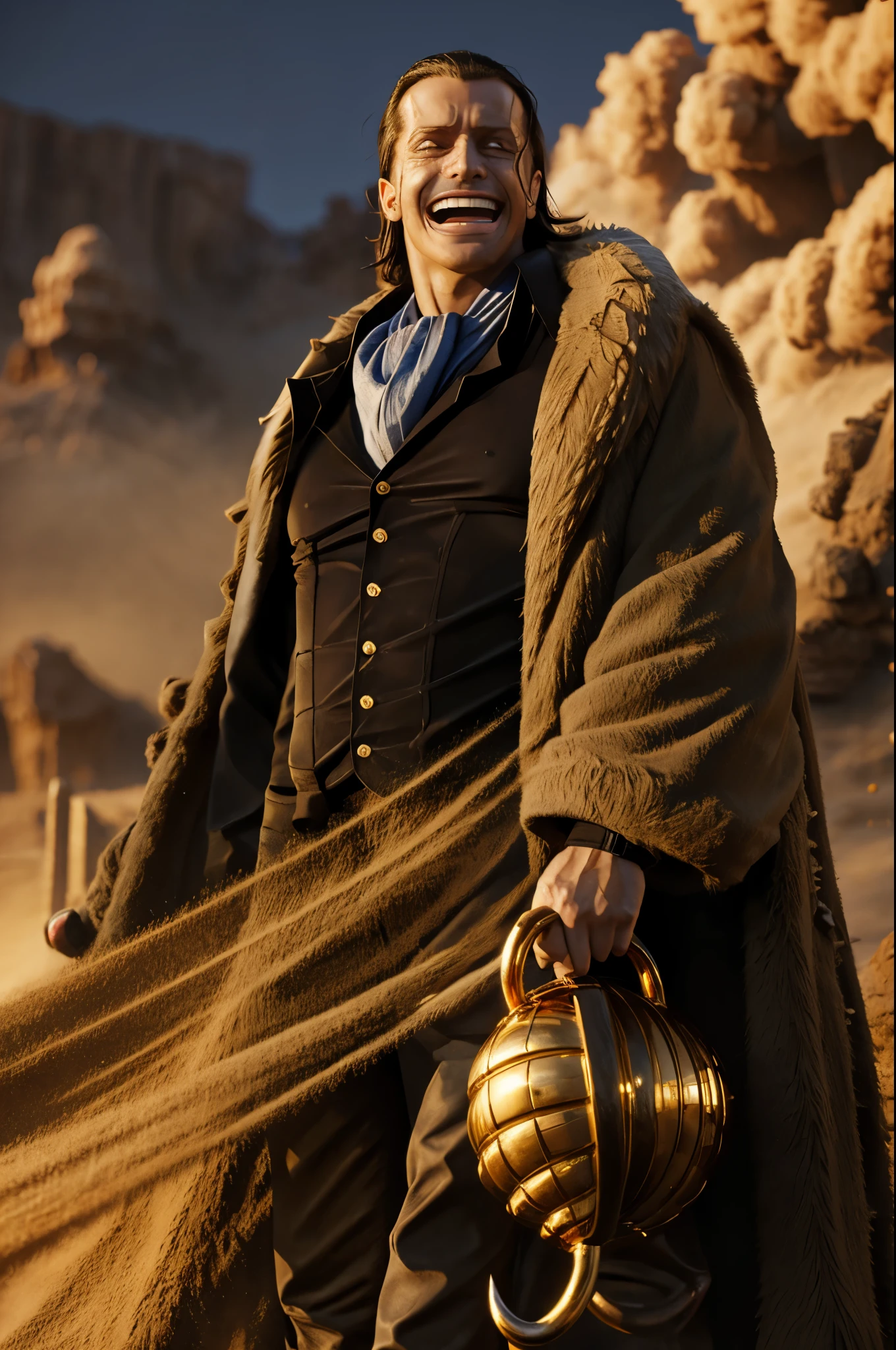 masterpiece, best quality, extremely detailed, hyperrealistic, photorealistic, a cool 40s man, ultra detailed face:1.2, fur-trimmed coat, scarf around the neck, his left hand is a golden pirate hook:1.1, cigar, laughing, sandstorm, tornado