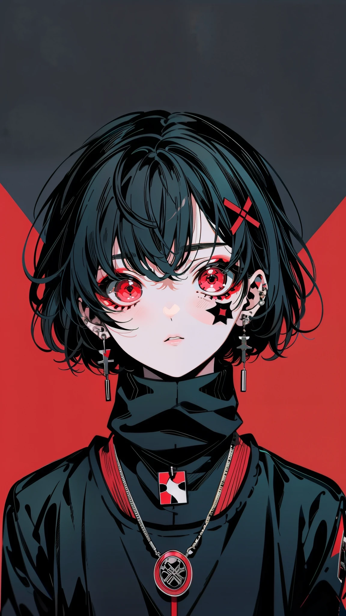 girl, short gray hair, serious face, bright red eyes, cross tattoo on face, ear accessories, black turtleneck shirt, portrait, white background, low contrast, from the bottom to the top shot, looking down, face focus, black poce anime screencap, redline style, vintage anime style junji ito