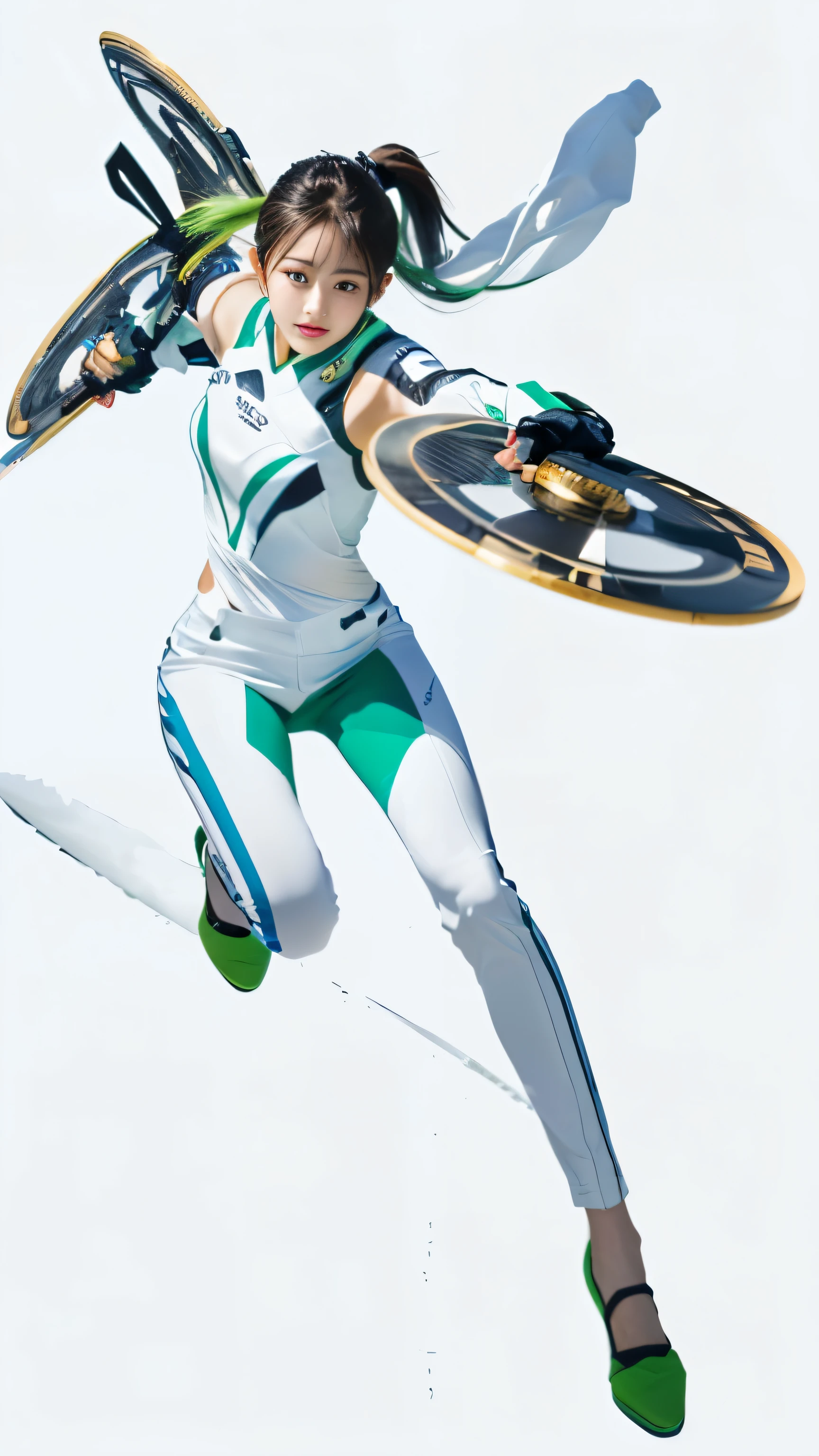 Green double ponytail,white clothes,Holding two knives shaped like discs,white pants,cute 。masterpiece, best quality, key visual, vibrant, highly detailed, realistic, photorealistic, 8k , masterpiece, best quality, close-up, portrait, face focus,, masterpiece, best quality, . award-winning, professional, highly detailed,shot on sony a7iv,sigma 50mm f1.4,photo-realistic。