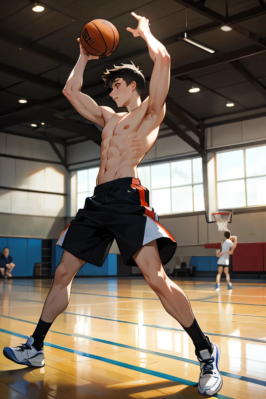 shirtless, super muscular, 22-year old short black hair handsome caucasian male wearing basketball shorts and rubber shoes, playing basketball, shooting the ball, in the indoor basketball court
