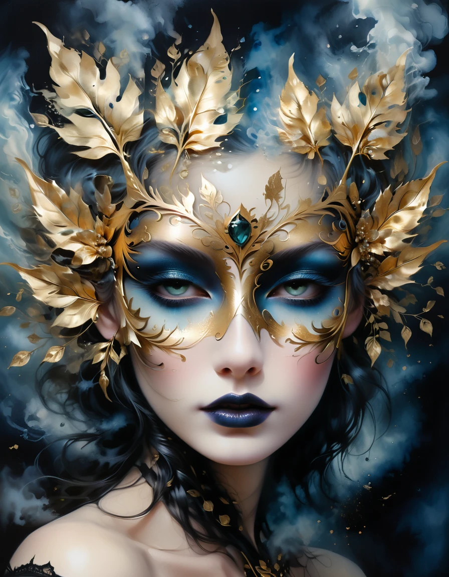(gold leaf art:1.5),mask,goth girl,Smoky makeup,(Metallic luster:1.45),Illustration in surreal art style,surreal dream,Dubrec style,Gothic Dark Art,