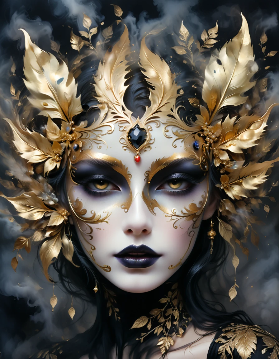 (gold leaf art:1.5),mask,goth girl,Smoky makeup,(Metallic luster:1.45),Illustration in surreal art style,surreal dream,Dubrec style,Gothic Dark Art,