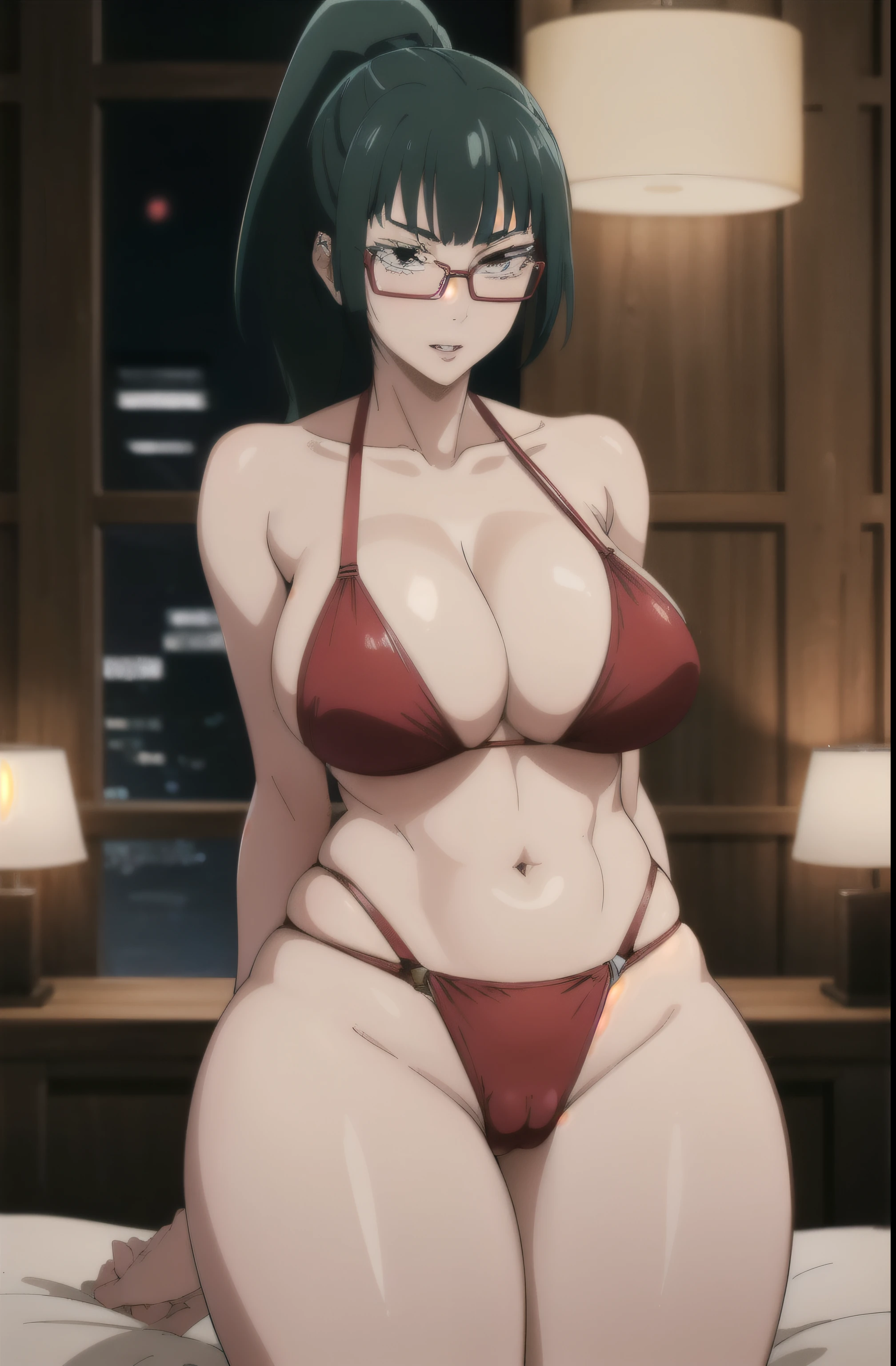 MakiZenin,1girl, perfect, beautiful, lnd_woman, lnd_body, ponytail, [(green hair:1.1):2] eyewear,  seductive, flirty, big lips, midriff peek, thighs, masterpiece, high quality, red thong, red panties, red see through thong, bikini thong, big ass, cameltoe showing, lewd, thick thighs, slim waist, night theme, white lights, bright lights, topless, no bra, big breasts, breasts showing, huge breasts, giant breasts, on bed