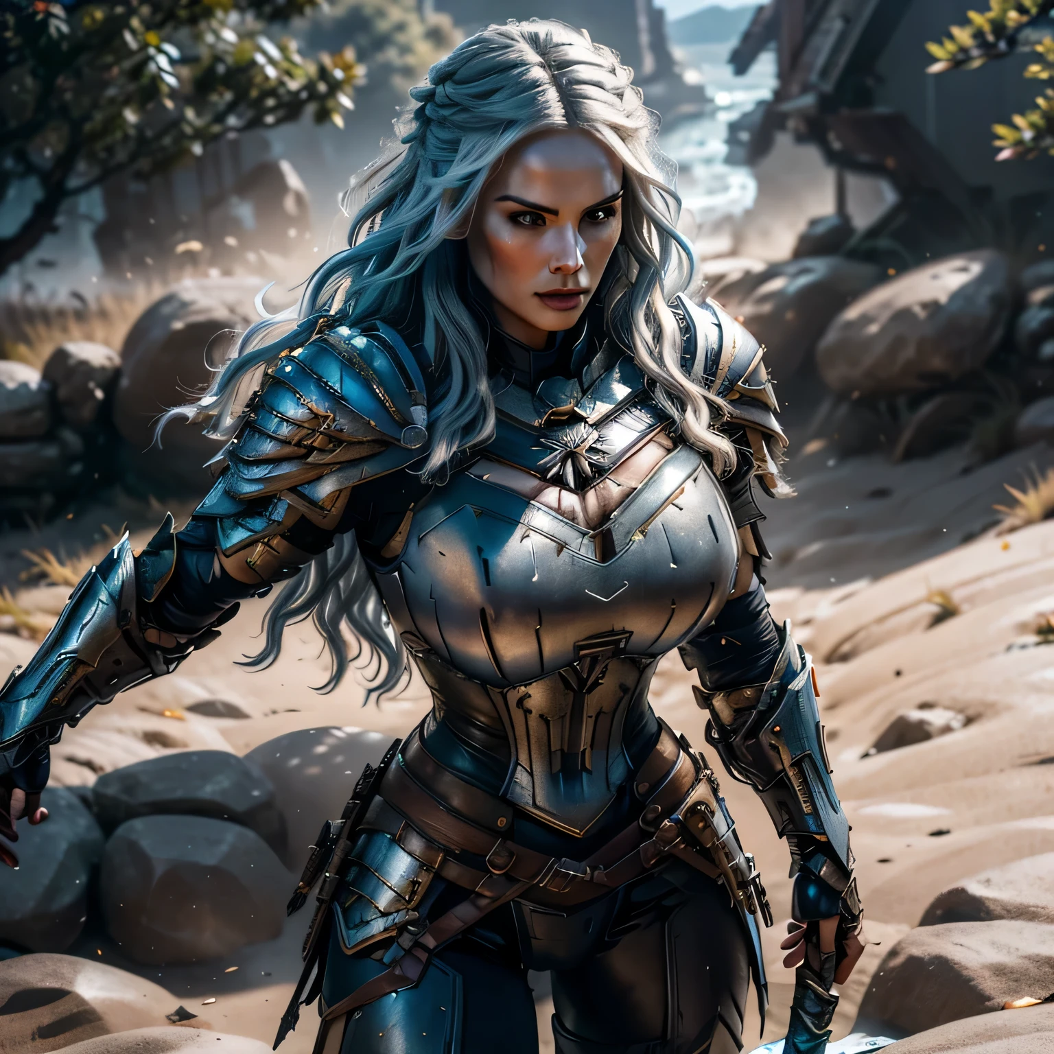8K,asgard female warrior with very big breasts,Super beautiful(like the real thing),black very large chest armor,realistic skin,luxury black pants,Has a large, long black spear,sexy,muscular slim body,ripped abs,black shoulder armor,black waist armor,black leg armor,desert, rich colors, Backlight, cinematic lighting, film grain, RAW, 50mm lens,nikon D850,ultra high resolution,Super realistic,goddess,battle scene,action scene,action pose,shine a light on the face, long wavy blue hair, the Witcher, the Witcher armor, yennefer