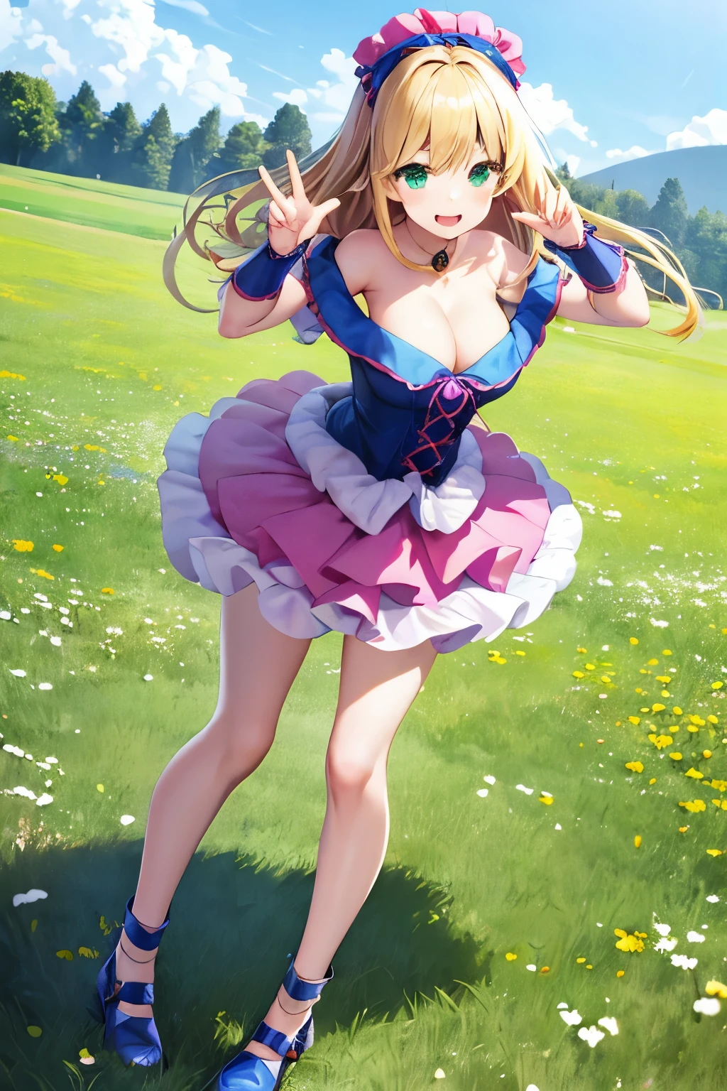 top-quality、​8K Masterpiece、Draw the face in detail、1 ish girl、Lolita costume、Full body、kawaii pose、professional lighting、Happy expression、Shiny hair、perfect anatomy、In a green meadow