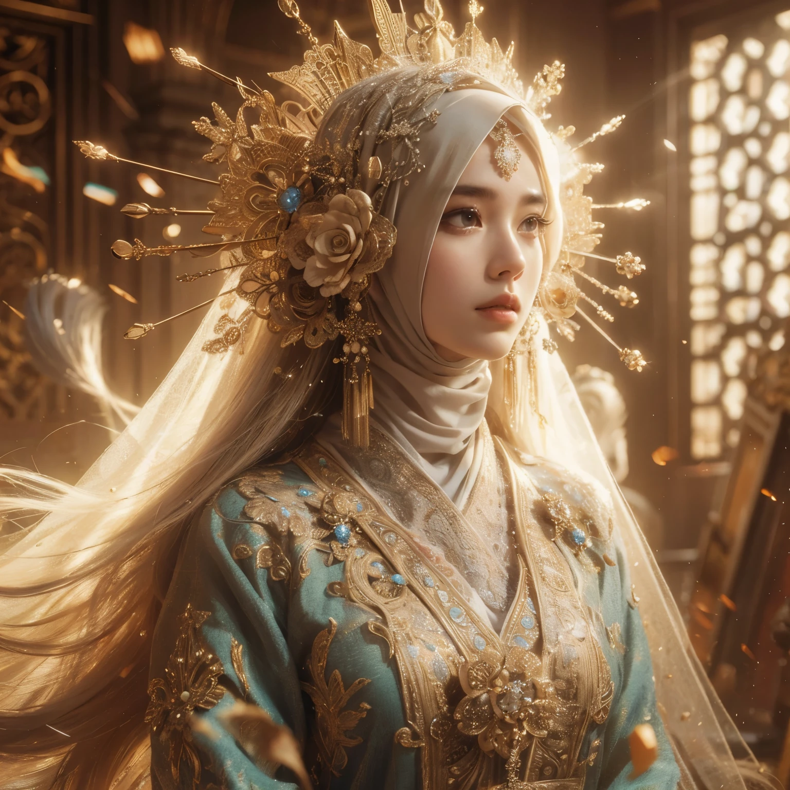 (RAW photo, best quality), (realistic, photo-realistic:1.3),HIJAB DRESS, best quality, highly detailed, masterpiece, ultra-detailed, illustration, 1girl, upper_body, dynamic angle, world masterpiece theater, messy_long_hair, best quality, extremely detailed CG unity 8k wallpaper, ink, Amazing, cinematic lighting, lens_flare, dunhuang_style,