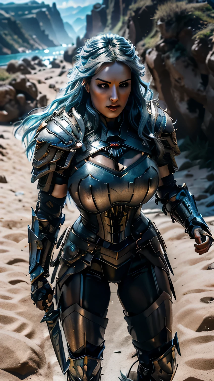 8K,asgard female warrior with very big breasts,Super beautiful(like the real thing),black very large chest armor,realistic skin,luxury black pants,Has a large, long black spear,sexy,muscular slim body,ripped abs,black shoulder armor,black waist armor,black leg armor,desert, rich colors, Backlight, cinematic lighting, film grain, RAW, 50mm lens,nikon　D850,ultra high resolution,Super realistic,goddess,battle scene,action scene,action pose,shine a light on the face, long wavy blue hair, the Witcher, the Witcher armor, yennefer