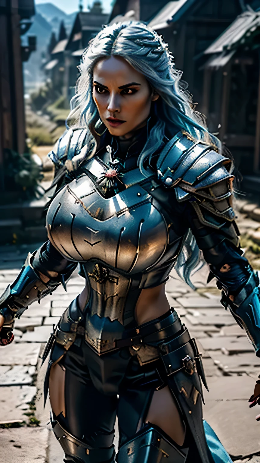 8K,asgard female warrior with very big breasts,Super beautiful(like the real thing),black very large chest armor,realistic skin,luxury black pants,Has a large, long black spear,sexy,muscular slim body,ripped abs,black shoulder armor,black waist armor,black leg armor,desert, rich colors, Backlight, cinematic lighting, film grain, RAW, 50mm lens,nikon D850,ultra high resolution,Super realistic,goddess,battle scene,action scene,action pose,shine a light on the face, long wavy blue hair, the Witcher, the Witcher armor, yennefer
