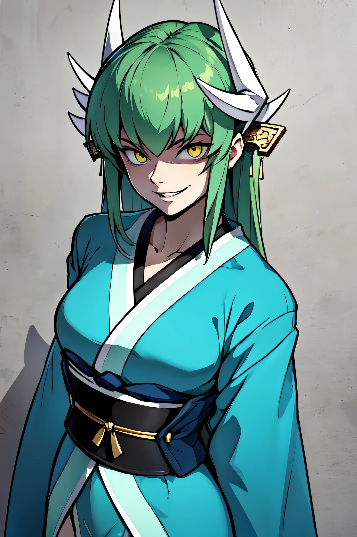 1girl, solo, ((aakiyo)), long hair, green hair, white horns, hair ornament, yellow eyes, wearing a kimono, blue_kimono, pelvic_curtain, white thighhighs, smile, evil_smile, smirk, disgusted, constricted_pupils, yandere, parted lips, mysterious, shaded face, looking at viewer, upper body, standing, (arms behind back), simple background, black background, masterpiece, best quality