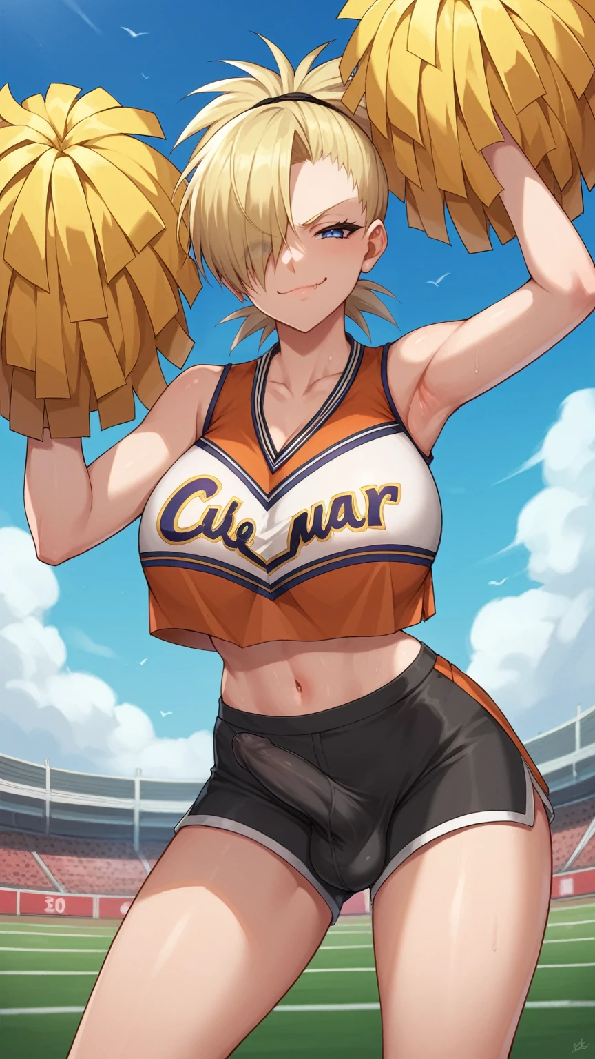 Score_9,score_8_up,score_7_up,1girl,hellsing,seras victoria,solo,looking at viewer,outdoors,nude,((cheerlader)),cheerleader clothes,knotted crop top,knotted shirt,huge breasts,hair over one eye,blue eyes,((smug smirk)),closed mouth,shorts,blonde hair,cheerleading,cheerleader,bulge,erection,erection through clothing,futa,futanari,huge erection