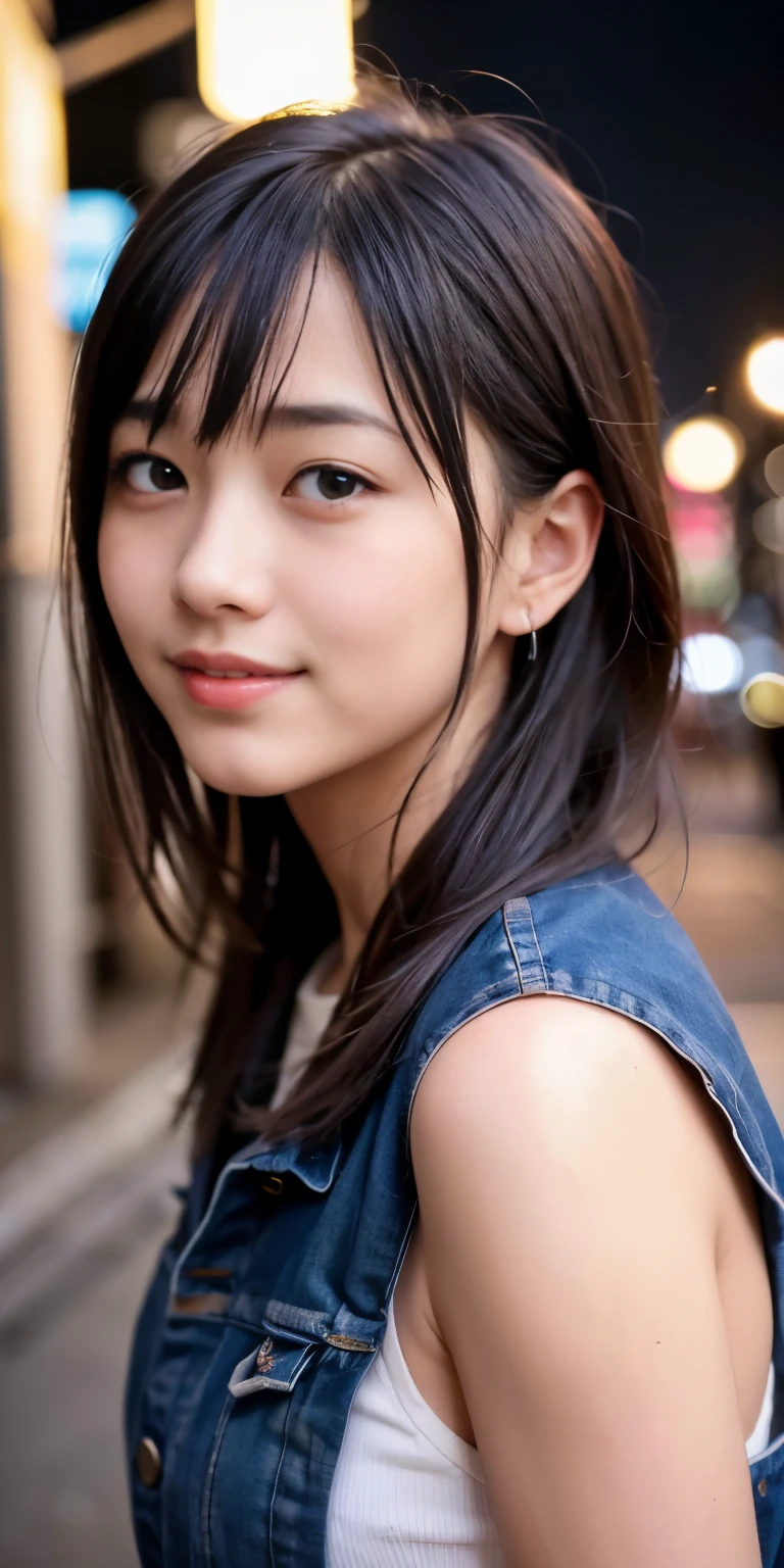 1 girl, tokyo street,night, cityscape,city lights,Upper body,close,smile,, (8K, Raw photo, highest quality, masterpiece:1.2),(realistic, photo-realistic:1.37),