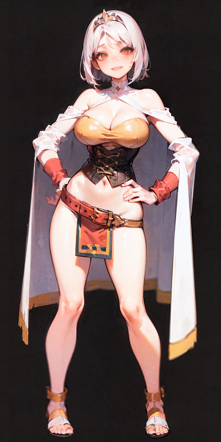 ((BLACK BACKGROUND,1:2, masterpiece)), full body MILF BIMBO standing with two long thighs and two metal sandals, red eyes, silver white hair, short bob style hair, big breasts, cleavage, separate sleeves, tiara royal, long cape up to two feet, yellow bikini, hands on waist, navel, lustful smirking smiling, smile face (red blushed, red cheeks), metal shoulders, gold sleeveless armbands, black leather choker slave collar, shackle bracelets, sex slave red crest, pauldrons, breastplate, corset, eye focus, full body, whole body. 1solo . slave fighter, loincloth standing, hands on hips, metal sandals, backpack, choker, big belt, view from below, feet together, bracers, tiara)