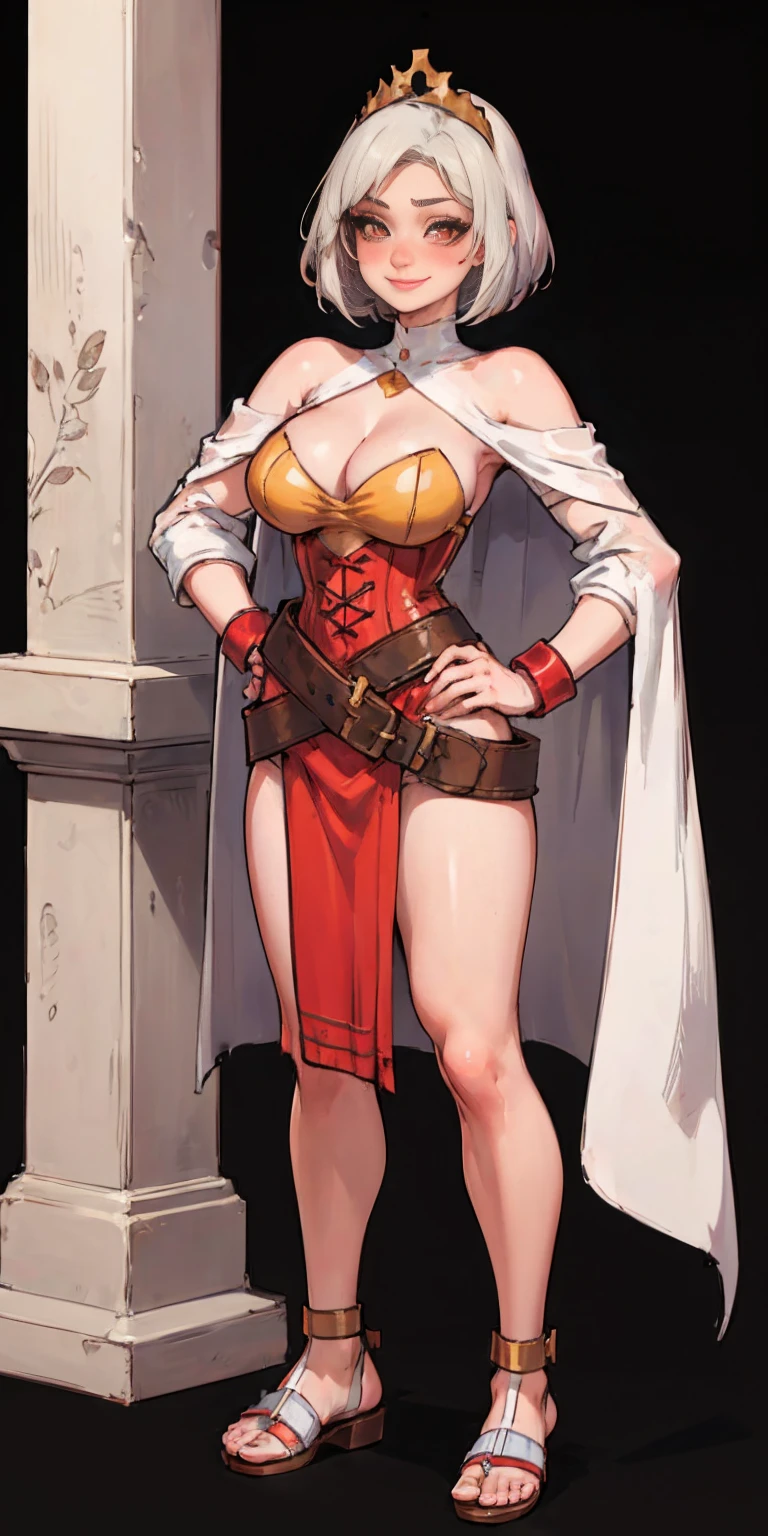 ((BLACK BACKGROUND,1:2, masterpiece)), full body MILF BIMBO standing with two long thighs and two metal sandals, red eyes, silver white hair, short bob style hair, big breasts, cleavage, separate sleeves, tiara royal, long cape up to two feet, yellow bikini, hands on waist, navel, lustful smirking smiling, smile face (red blushed, red cheeks), metal shoulders, gold sleeveless armbands, black leather choker slave collar, shackle bracelets, sex slave red crest, pauldrons, breastplate, corset, eye focus, full body, whole body. 1solo . slave fighter, loincloth standing, hands on hips, metal sandals, backpack, choker, big belt, view from below, feet together, bracers, tiara)