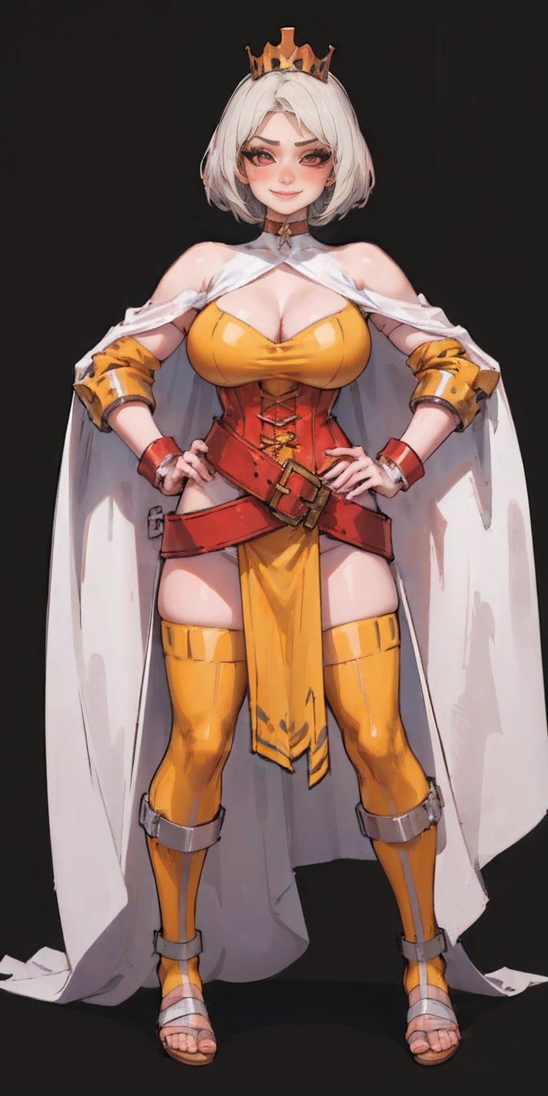 ((BLACK BACKGROUND,1:2, masterpiece)), full body MILF BIMBO standing with two long thighs and two metal sandals, red eyes, silver white hair, short bob style hair, big breasts, cleavage, separate sleeves, tiara royal, long cape up to two feet, yellow bikini, hands on waist, navel, lustful smirking smiling, smile face (red blushed, red cheeks), metal shoulders, gold sleeveless armbands, black leather choker slave collar, shackle bracelets, sex slave red crest, pauldrons, breastplate, corset, eye focus, full body, whole body. 1solo . slave fighter, loincloth standing, hands on hips, metal sandals, backpack, choker, big belt, view from below, feet together, bracers, tiara)