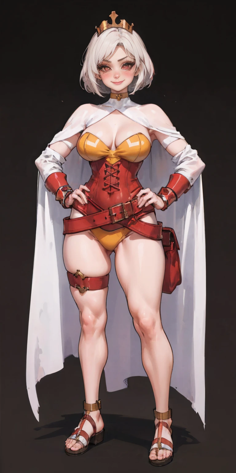 ((BLACK BACKGROUND,1:2, masterpiece)), full body MILF BIMBO standing with two long thighs and two metal sandals, red eyes, silver white hair, short bob style hair, big breasts, cleavage, separate sleeves, tiara royal, long cape up to two feet, yellow bikini, hands on waist, navel, lustful smirking smiling, smile face (red blushed, red cheeks), metal shoulders, gold sleeveless armbands, black leather choker slave collar, shackle bracelets, sex slave red crest, pauldrons, breastplate, corset, eye focus, full body, whole body. 1solo . slave fighter, loincloth standing, hands on hips, metal sandals, backpack, choker, big belt, view from below, feet together, bracers, tiara)