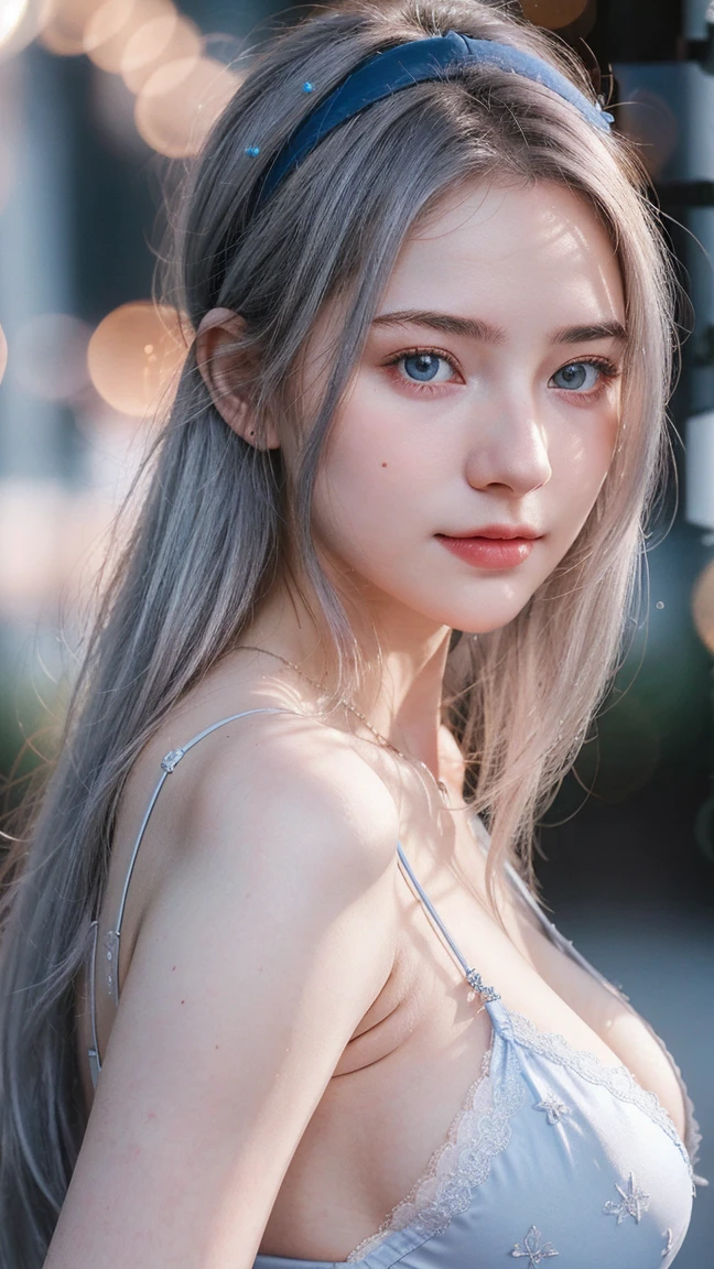 1 Girl, Beautiful, Baby Face, 20 Years Old, White Skin, Colossal Chest, Sleveless, sexy hot lingerie, Headband, Blue Eye, ((top hourglass:1.1)), Outdoor, ((bokeh:1.3)), grey hair, silver Layered hairstyle, attractive, seductive 