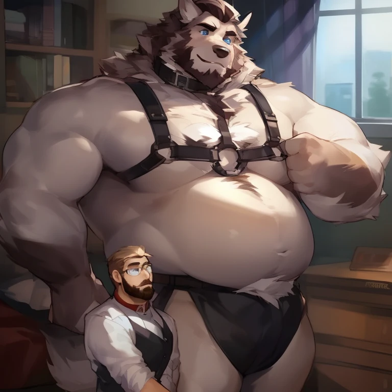 duo, male, werewolf, wolf, canine, big, mature, muscular, facial hair, beard, nervous, chest hair, stomach hair, happy trial, grey fur, blue eyes, body hair, harness, collar, smaller human woman, size difference, fluffy body, bedroom, by mystikfox61, by darkgem, by glitter trap boy, by bebebebebe