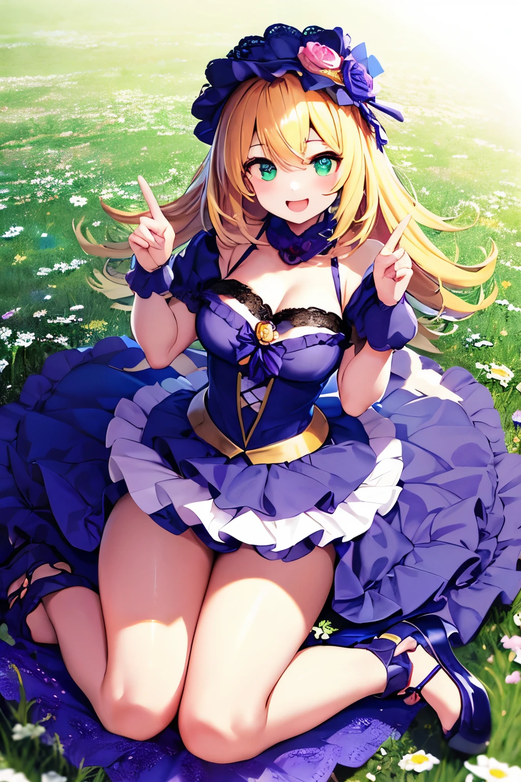 top-quality、​8K Masterpiece、Draw the face in detail、1 ish girl、Lolita costume、Full body、kawaii pose、professional lighting、Happy expression、Shiny hair、perfect anatomy、In a green meadow