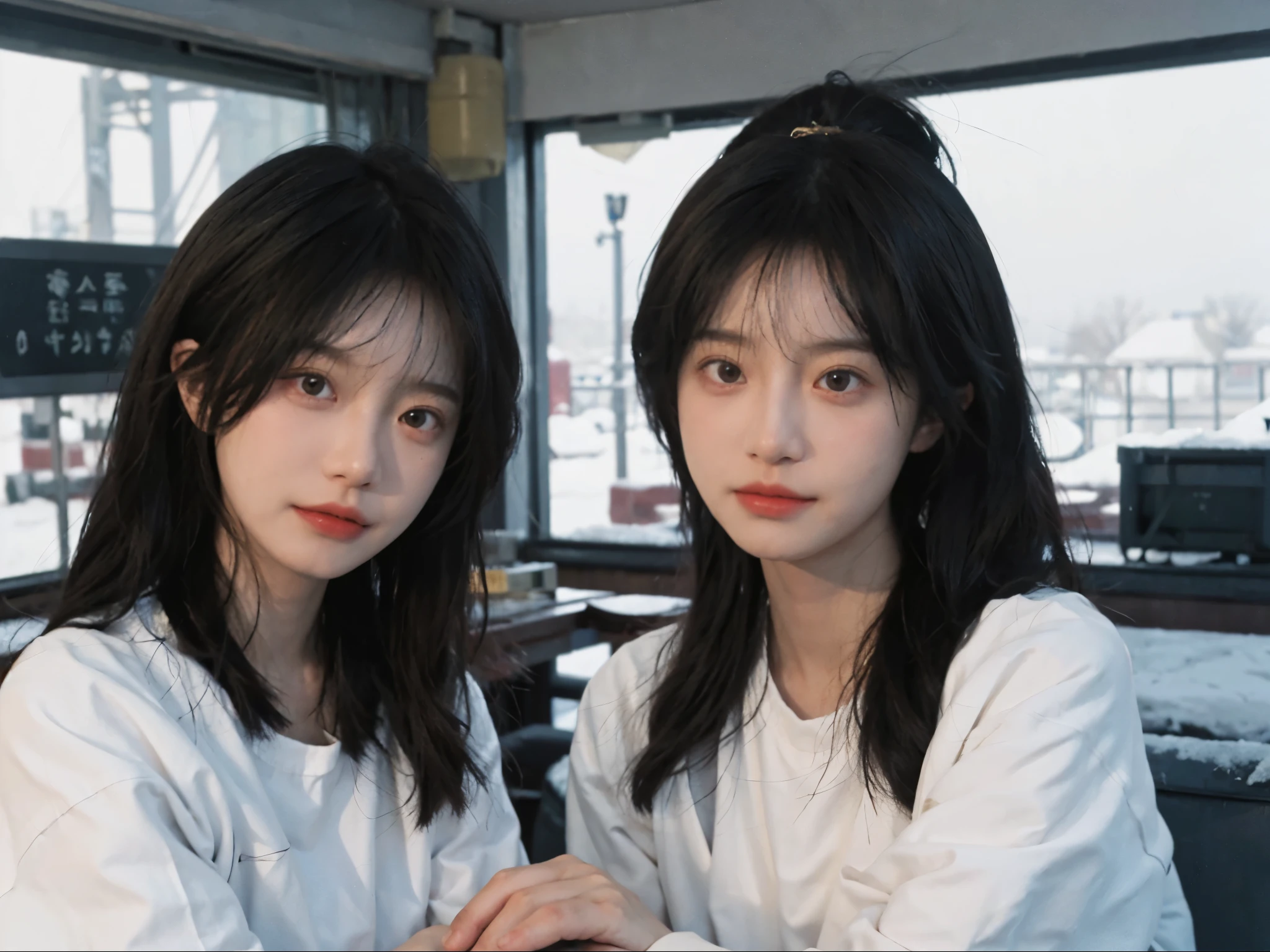 best quality， ultra high resolution， White background，（Upper body：1.4）（realistically：1.4）， 2个girl，（medium shot：1.4 gold），short sleeves，Lovely，atmosphere，twin，A pair of eyes as clear as snow,Royal sister，girl，looking at the audience， close up ，