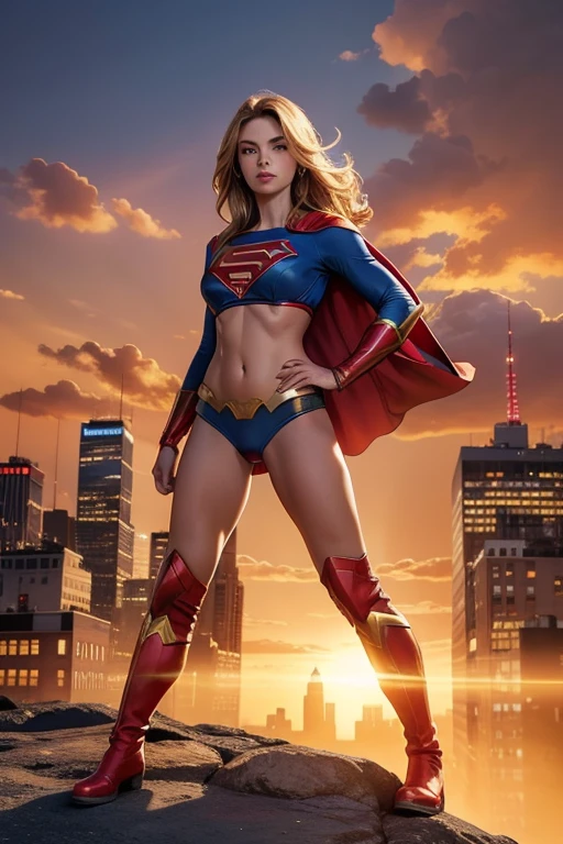 In this masterpiece of a image, a solo Supergirl, radiating power and confidence, stands amidst the ardent, fiery skyline of New York City. Her iconic red and blue bikini and matching boots cling to her toned figure, revealing a hint of her underwear from a recent battle. The best quality rendering accentuates her every detail, from the contour of her muscles to the intricate design of her Super Hero symbol. above her head, her S shield is glowing, showing the power emanating from her. The sun sets behind her, casting a warm, golden hue over her form, with the city's buildings silhouetted against the fiery sky.