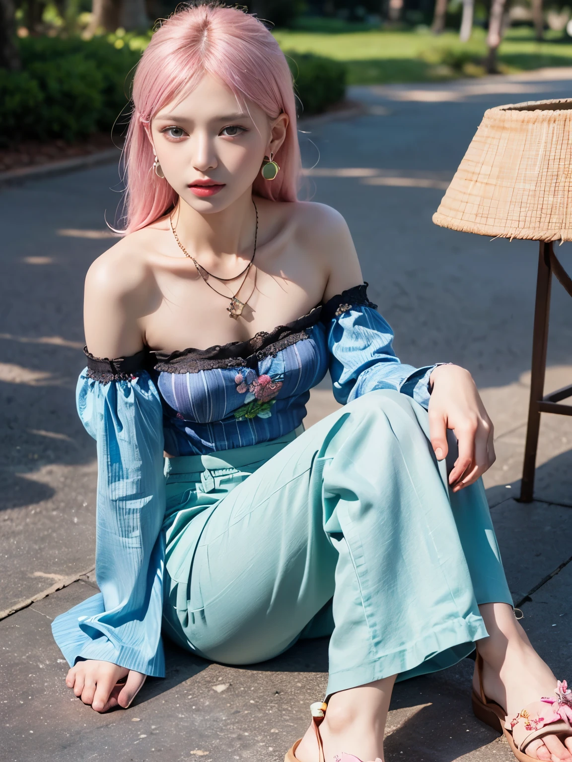 (8K, top-quality, masterpiece:1.2), (realistic, photorealistic:1.37), (super detail), (one girl), (highly detailed), (beautifully detailed eyes), (of the highest quality), (super detailed), (masterpiece), (detailed face), (20yr old), (pink hair, long hair), (medium breasts), (clothed), (perfect lighting), BREAK, (spring atmosphere:1.3), (summer warmth:1.3), (light breeze:1.2), (natural movement:1.4), (park background:1.3), (blue sky:1.3), (soft shadows:1.3), (natural light:1.4), BRAKE, (pastel pink:1.2), (mint green:1.2), (light blue:1.2), (floral pattern:1.3), (stripes:1.3), (cotton:1.2), (linen:1.2), (chiffon:1.2), (silk camisole:1.4), (off-shoulder blouse:1.3), (frilled top:1.3), (high-waisted wide pants:1.5), (flare skirt:1.5), (loose silhouette:1.2), (lace details:1.3), (embroidery:1.3), (sandals:1.4), (open-toe flats:1.4), (flower motif earrings:1.3), (necklace:1.3), BRAKE