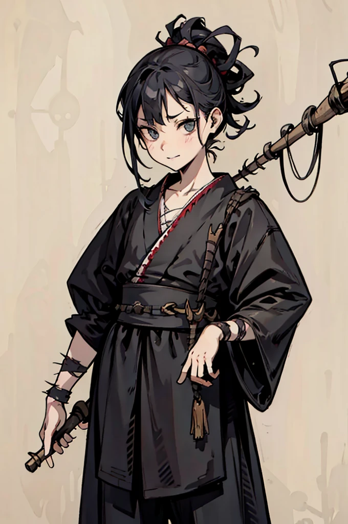 ((Background made up of barbed wire and ruins))、scribble, nightmare, doll-like face, cartoon style, rough sketch, Horror elements, (masterpiece), (High resolution), (super delicate), (clear), Manga style illustration, (drawing style), Japanese painting, (Spooky),crazy illustration, flat illustration, Spookyな外観, Mr.々Distinctive hairstyle in different colors, Unique atmosphere、Small eyes、(flat chest), Barbed wire wrapped around the body、(A sewn-together body))、Bold kicking technique,Skin full of stitches,restrained by thick chains、colorful revealing costumes
