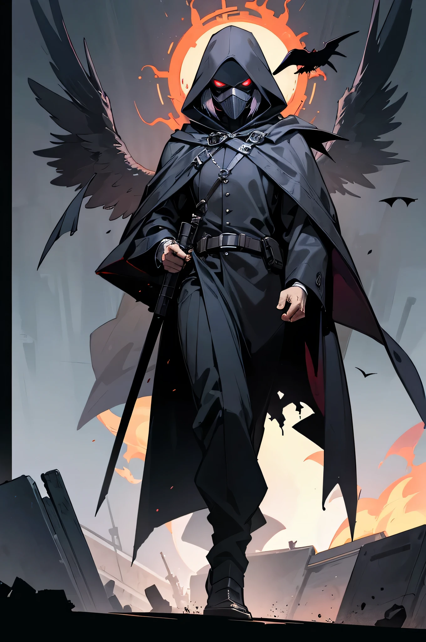 man, black hood, plague doctor mask, technological suit, ruins with fire, raven mask