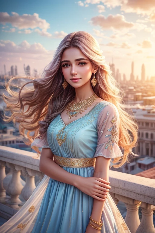 portrait photo, 1 beautiful girl, pink shirt, shirt with intricate embroidery, sky blue dress, pure dress color, long hair, wearing jewelry, natural makeup, wearing modern jewelry, gold and gemstone jewelry, extremely detailed eyes and face, lovely smile, delicate blush, sensuous lips, luscious lipstick, exuding femininity, perfect skin, texture perfect skin. Blurred city backdrops, soft lighting, vivid colors, subtle sunlight, wind blowing through hair, dreamy atmosphere, luxury, perfect lighting. Super high quality photos, surreal, 8K, high resolution, masterpieces, details, extremely magical cinematic lighting.