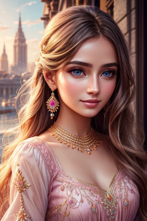 Full closeup, young woman, sitting under castle swing with crafted four pillars surrounded flowers garden, silver tiara crown with a single peacock feather in front crown, wearing a bright pink and levender silk floral embroidery sari, innocent, female, wearing silver ornaments Colorfull gemstone, beautiful and delicate, dark blonde hair, White skin, open eyes, eye natural color, expression of peace and happiness, very saturated colors, front face
