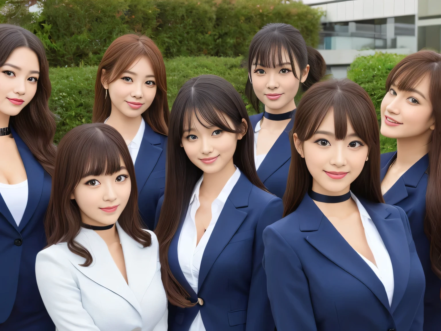 (group photo, multiple girls, Cute Japanese woman with a perfect body, 6 girls), (office ladies), (masterpiece, high quality:1.2), big breasts, Office Suits, (smile), (office), highly detailed face, navy suit、break, ((black choker, big breasts, blue eyes, long eyelashes)), uniform, smile、bangs, Bright white skin, grace, Transparent air, (8k RAW photo:1.1), Natural light, 6Women, japanese idol, (slim face)