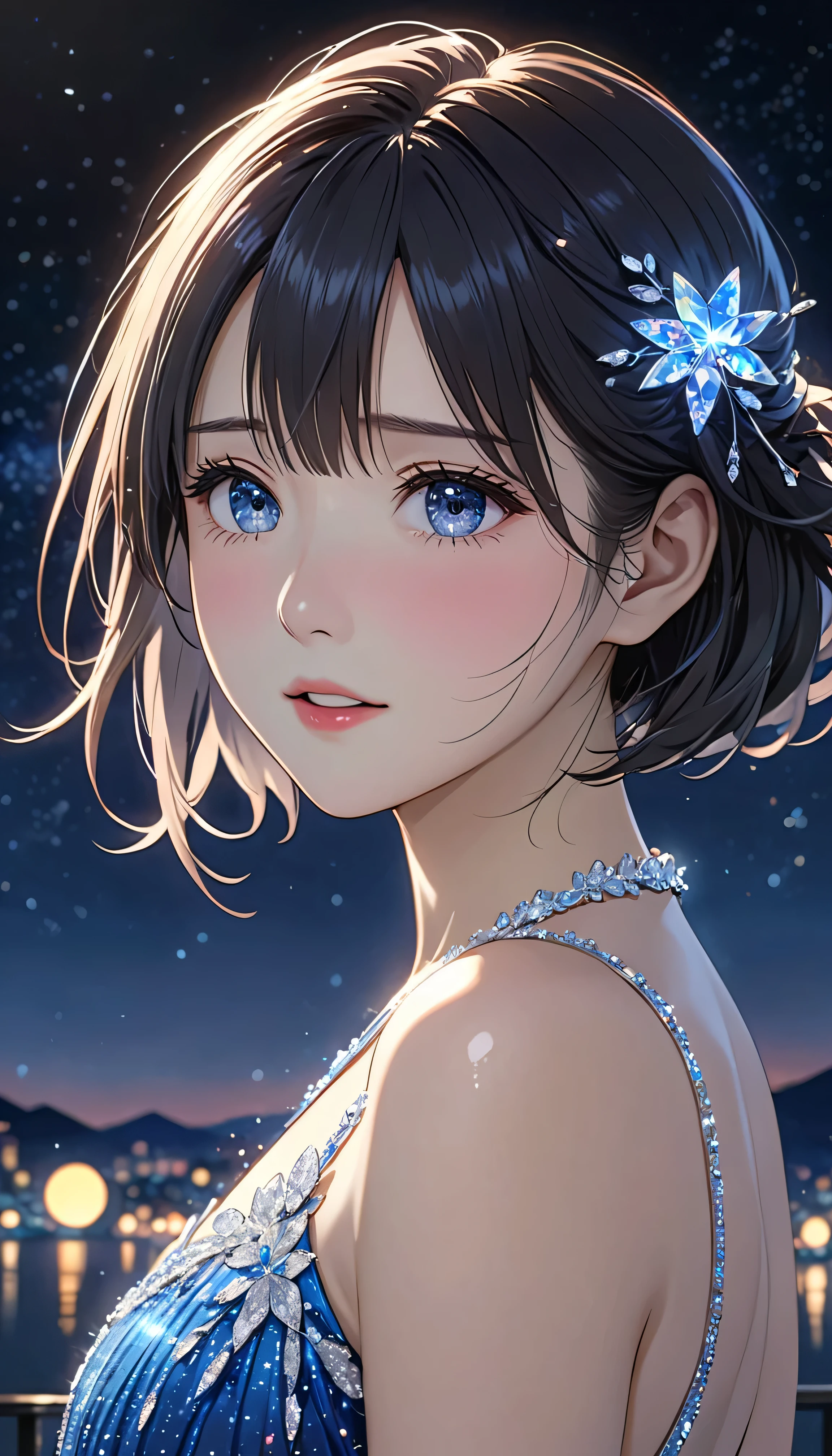 National Science Foundation,masterpiece,High resolution,8K,Art,digit,Kyoto Animation Style,your name movie style,Facing the camera,night,midnight,Light,(1 female: 1.3),(alone: 1.4),Sparkling Light Evening Dress,Swarovski crystals on evening gown,crystal hairpin,long eyelashes,slender legs,short bob,dynamic poses,Close-up of upper body,Close-up,close view,nightstarry sky,Eyes as deep as the starry sky,Blushed,shy,shy,open mouth,(Tearing up)