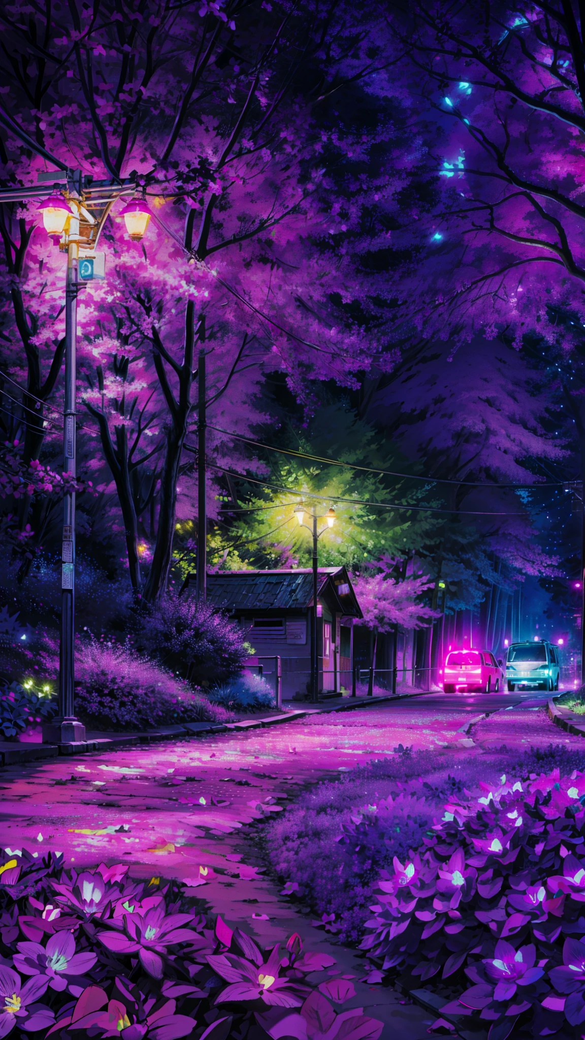 painting of a bike parked on the side of a road next to a tree, purple lighted street, bright pink purple lights, magenta trees, beautiful colorful lights, glowing neon flowers, purple color lighting, purple flower trees, cool purple lighting, violet lighting, purple lights, glowing flowers, purple neon colours, beatiful vivid lights, purple lighting, soft neon purple lighting