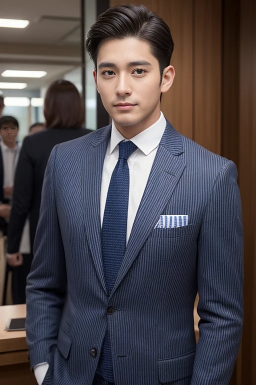 Brown striped suit、　30-year-old handsome employee、Hair is neat.It is not advisable to cut the beard short.no beard.　（Super handsome S-class suit man）、　Japanese male, 30 years old、　merchant、　Super Deluxe Set、　office、　Stand up in a suitＳYoung handsome man、　full body image、　（CG Unity 8K High Detail Photo）、　（a very detailedＳThe most handsome boy in the class）、　（Photos are real）、　　（（top quality））、　super detailed、　（​Masterpiece）、　super high quality、　High、　audience、　gentleman、　very beautiful hair、　short hair、　bright photos、　As handsome as a model、　As handsome as an idol、　Luxury watches、　Eyes balanced looking at the audience with a slight smile