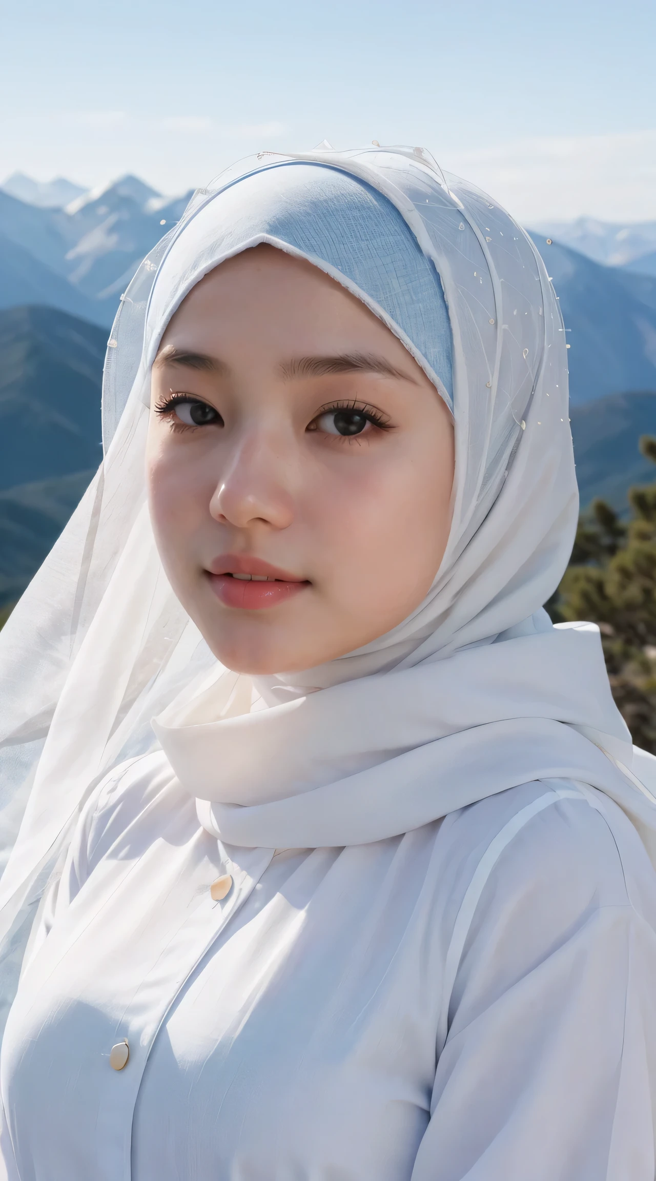 1 Girl, Beautiful, Asian , 20 Years Old, White Skin, Hijab Muslim Outfit, Top of The Mountain Background, ((wind:1.3)), Kissing, ((bokeh:1.3)), Perfect Body Anatomy, ((adorable:1.1)), ((masterpiece:1.1)), ((bluesky:1.1))
