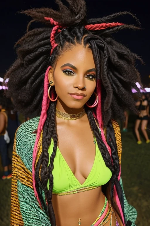 black woman at coachella, colorful locs hair, night time