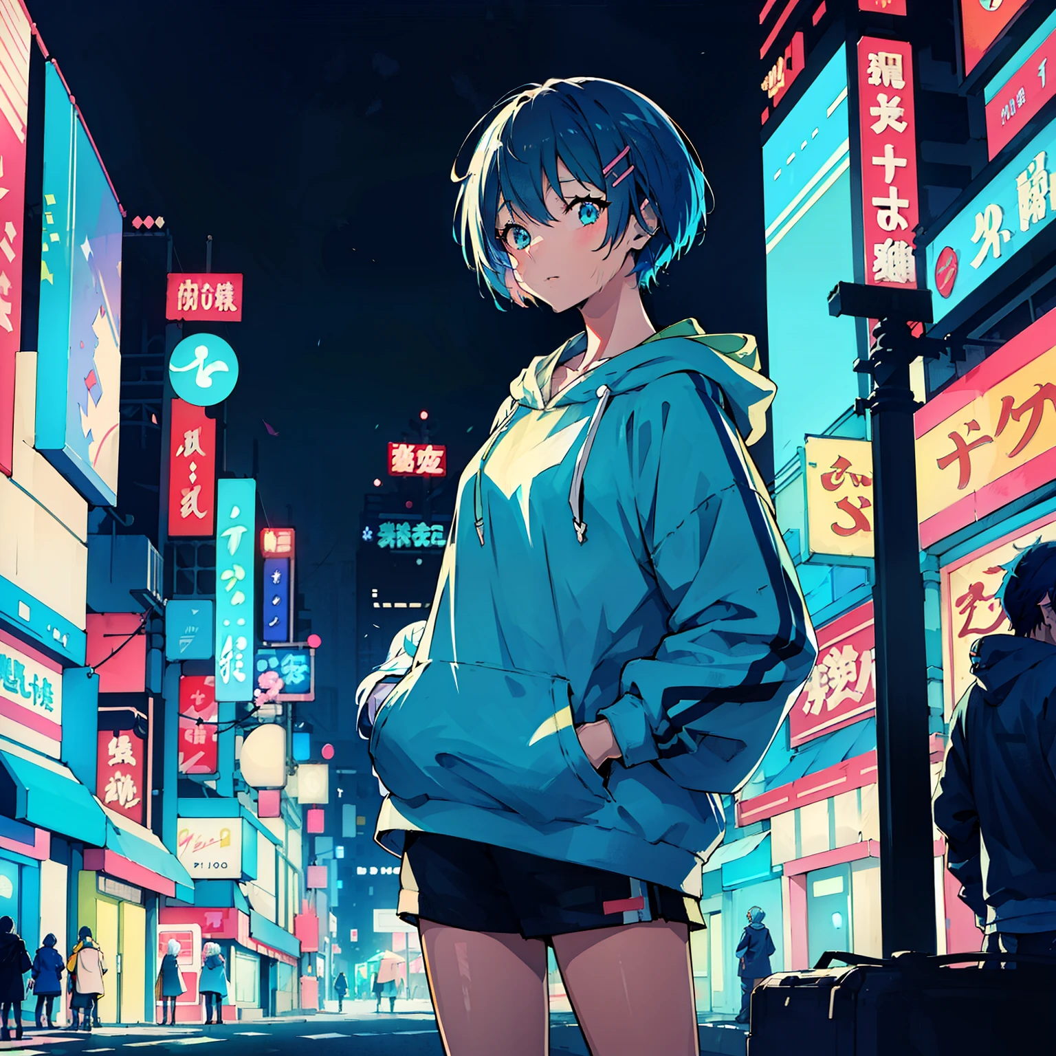 masterpiece, high quality, best details, Japan anime illustrations, A beautiful woman with short light blue hair wearing a colorful hoodie, put one&#39;s hand in one&#39;s pocket, (background:neon city, Messy Street)