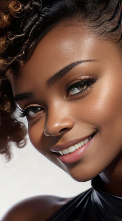 (ultra high definition), (ultra high definition), (full sharpness), (maximum quality), (Cinematic), (8k), (very black Girl), ((very tall girl), ((chubby)), ((extremely beautiful)), (alone), ((headshot)), (close up of face), (beautiful light brown eyes), (big round puffy afro), (gloss on lips), (ultra detailed face), (ultra detailed eyes), (ultra realist eyes), (black background), ((front view)), (malicious smile), (soft skin), (very insinuating)