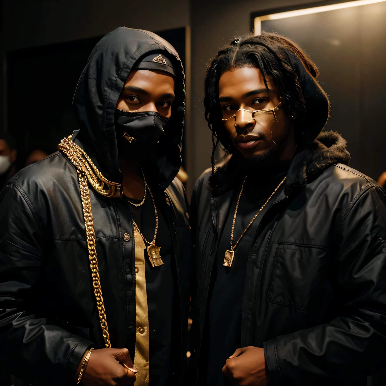 Two black men in masks and black jackets with several gold chains and microphones in their hands and in a whole world full of people talking bad about them