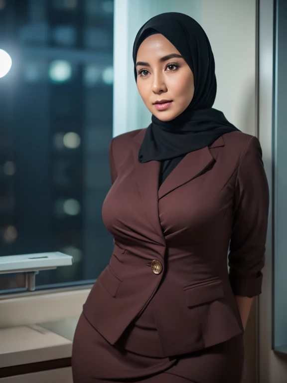 50 years Old, Hijab Indonesian mature woman, doctor suit,((curvy body)), at doctor office, Dark light, at Nighttime.