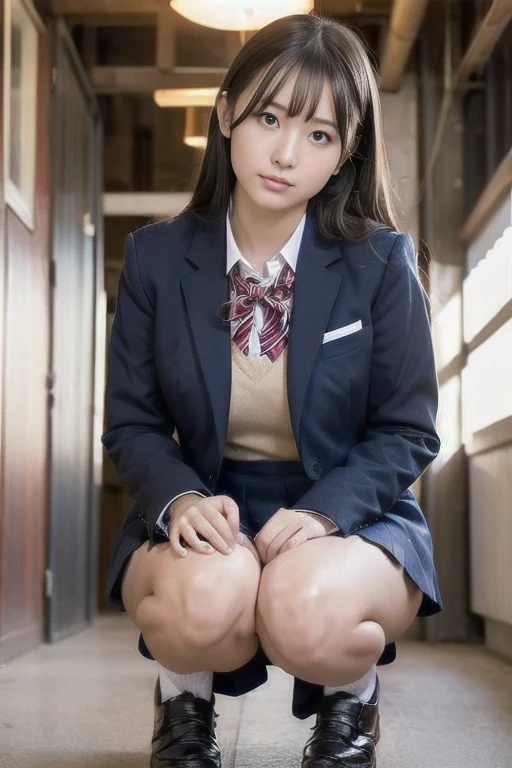 japanese 18 yo woman,cosplay japanese high school girl uniform,squatting,(knees and thighs together:1.2),upskirt from under skirt,hallway of high school,shot from low angle,(focus on her crotch:1.1),she show off knees,sticking out knees foward,press both knees together,press both thighs together,(hands on her knees:1.2)