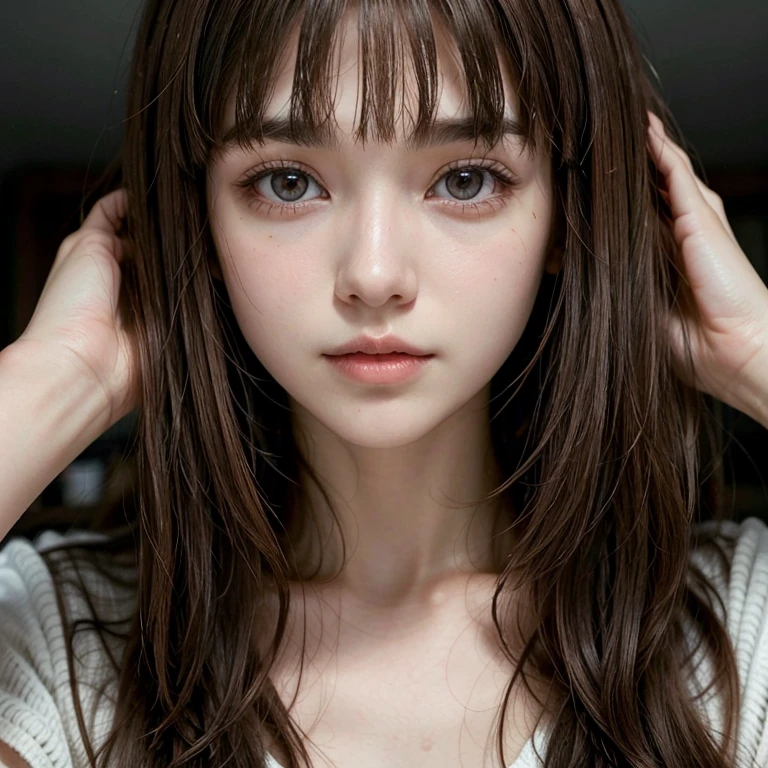 Female, brown eyes, long dark brown hair with bangs, pale skin