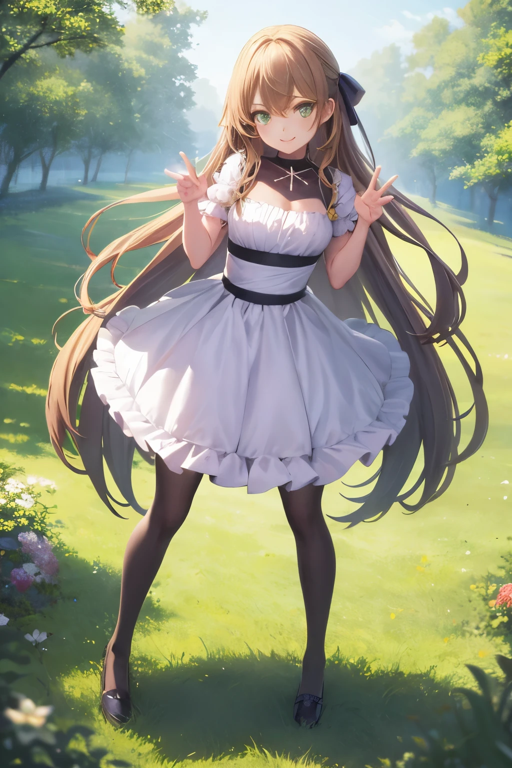 top-quality、​8K Masterpiece、Draw the face in detail、1 childish girl、****ta costume、Full body、kawaii pose、professional lighting、Happy expression、Shiny hair、perfect anatomy、In a green meadow