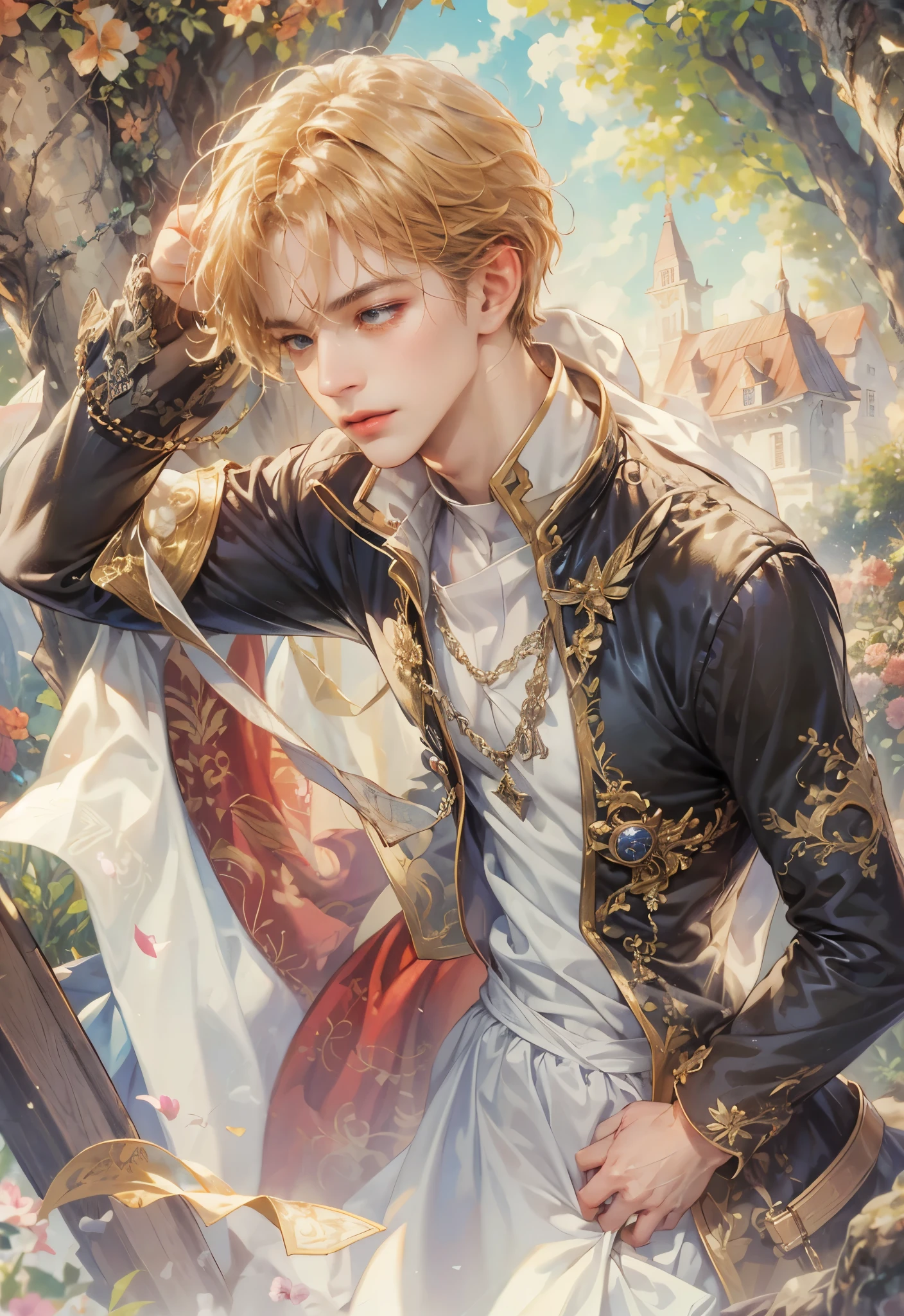 (masterpiece, top quality, best quality, official art, beautiful and aesthetic:1.2), boy, handsome, extreme detailed faces, (fractal art:1.3), colorful, highest detailed, (perfect face), shiny skin, HDR, cantarella, extremely detailed dress, detailed background 