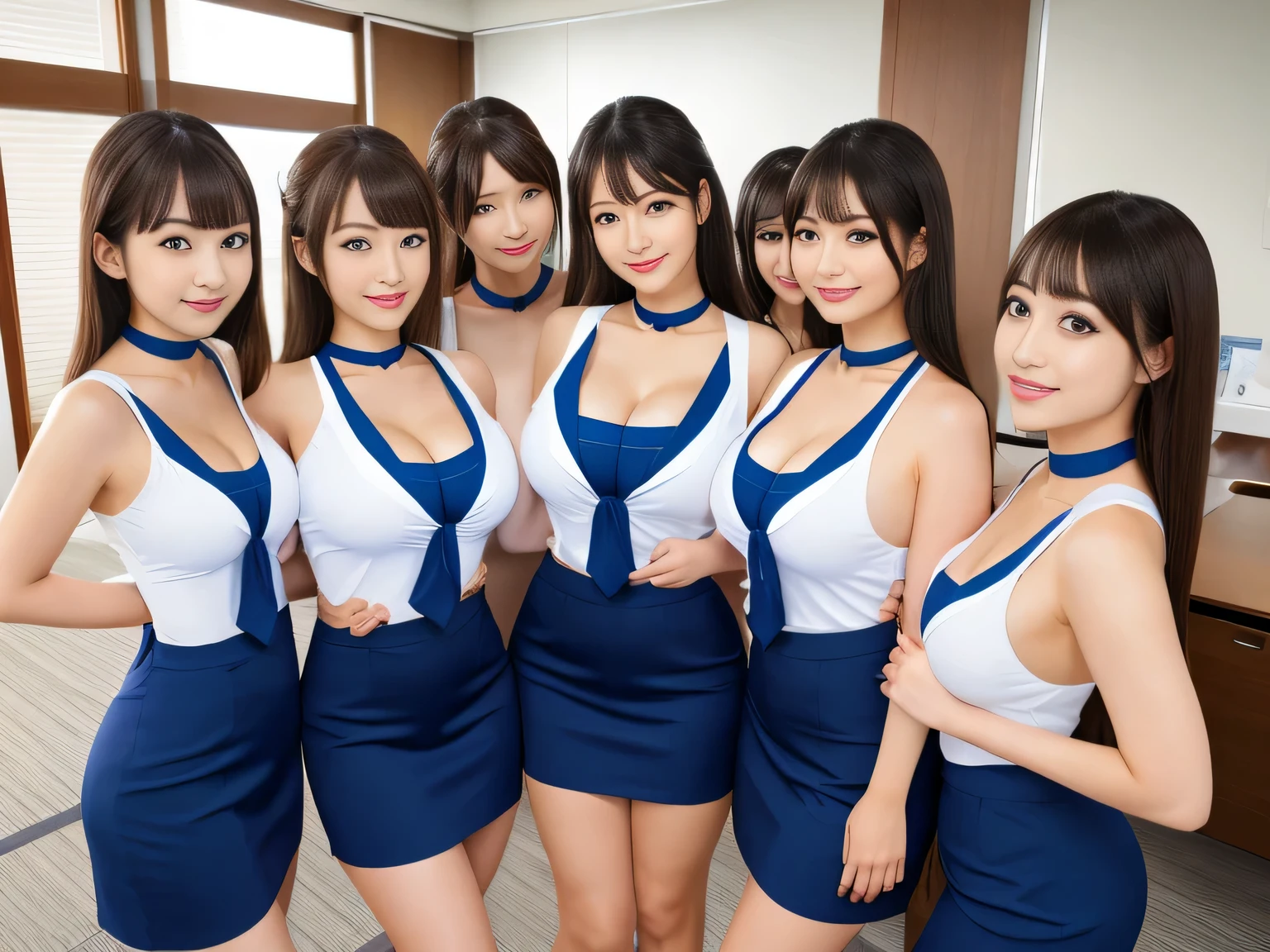 (group photo, multiple girls, Cute Japanese woman with a perfect body, 6 girls), (office ladies),  (masterpiece, high quality:1.2), big breasts, Office Suits, (smile), (office), highly detailed face, navy suit、break, ((black choker, big breasts, blue eyes, long eyelashes)), uniform, smile、bangs, Bright white skin, grace, Transparent air, (8k RAW photo:1.1), Natural light, 6Women, japanese idol, (slim face)