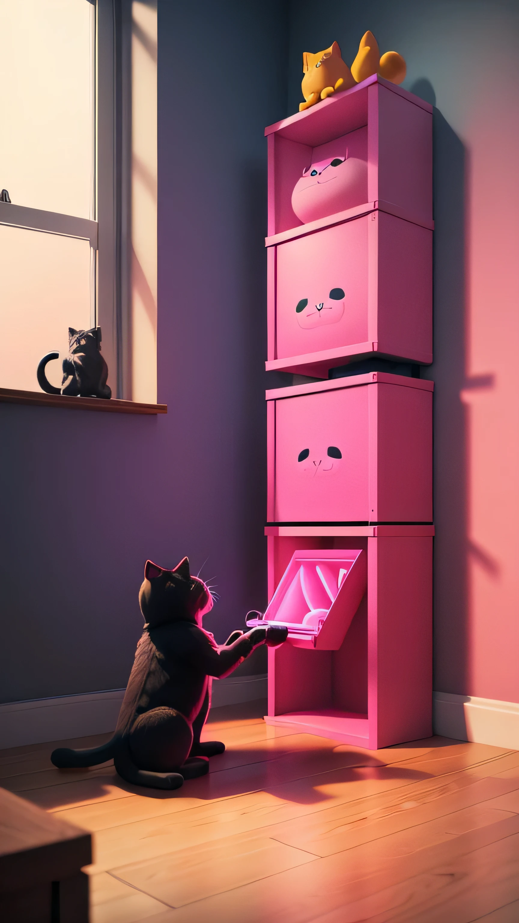 kong toy shelf, toy cat, pink neon color, 8k