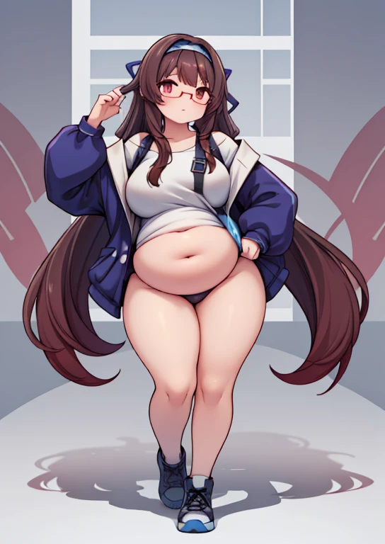 (masterpiece, best quality, highly detailed), 1girls, big belly, huge belly, art by kipteitei, round belly, chubby, curvy, belly grab, enormous belly, fat belly, thicc, bigger belly, really big belly, jiggly belly, shirt covering belly, belly cover by shirt, glasses, ((full body)), long hair