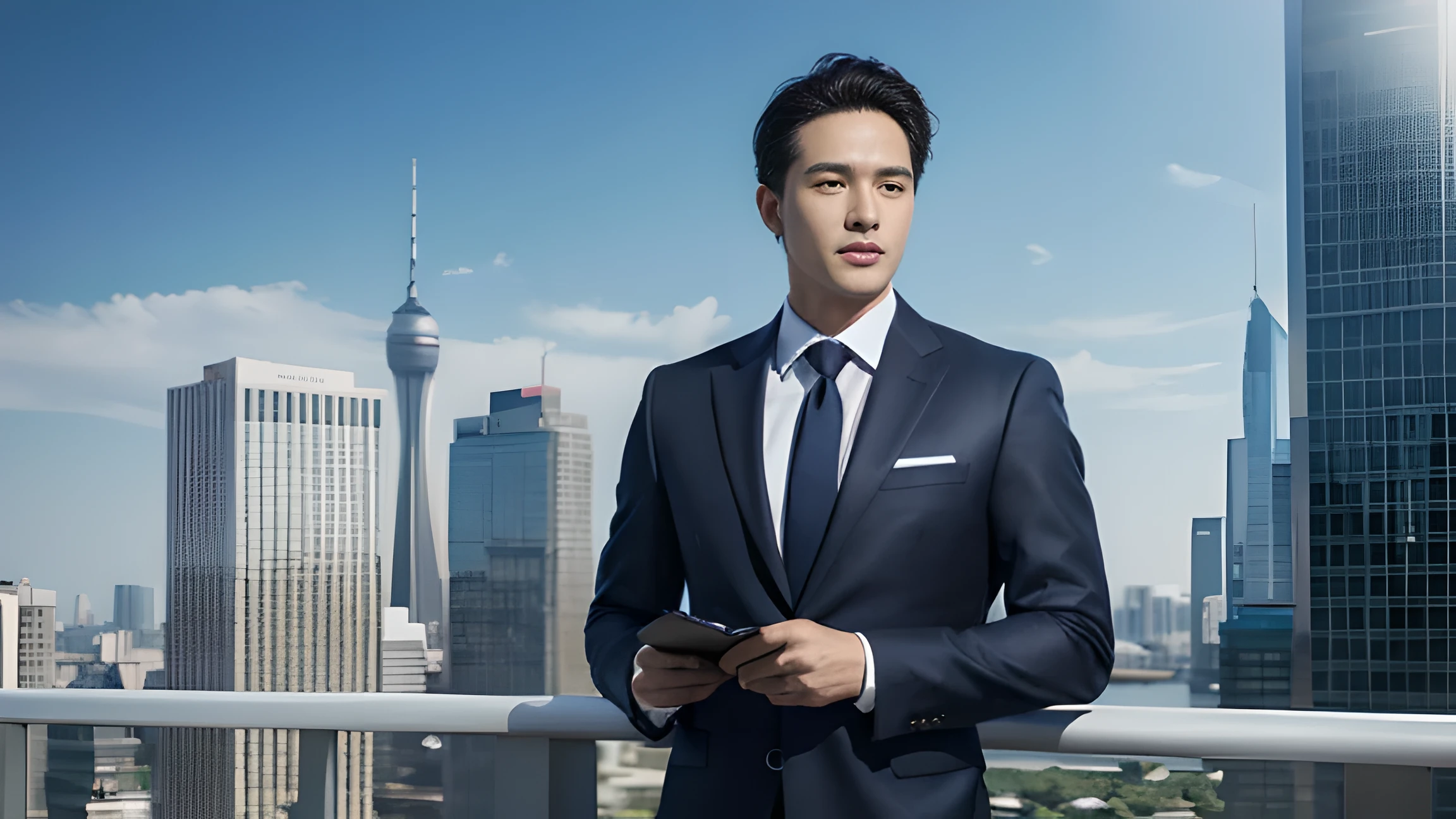 master piece、ultra high resolution、Man in business suit、A diagonal shot of a beautiful skyscraper、Business Banner Design